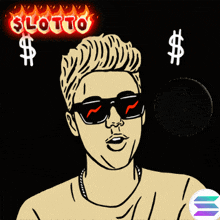a drawing of a man with sunglasses pointing at the camera with the word lotto above him