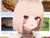 a girl with blonde hair and red eyes is holding a hot dog in her hand