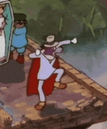 a cartoon character is standing on a bridge with his arms outstretched and a hat on .