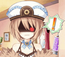 a girl in a white hat stands next to a syringe with an exclamation point above it