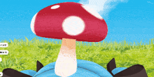 a red mushroom with white spots is sitting in a field
