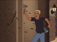 a cartoon of a man with an axe breaking a wall in the rain