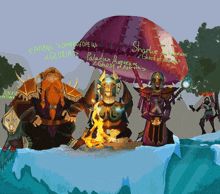 a drawing of a group of dwarves with a purple umbrella that says ghost of azerith