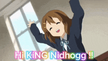 a girl with her arms in the air says hi king nidhogg !!