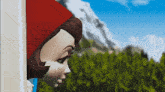 a cartoon character wearing a red hat is peeking out of a window