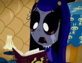 a cartoon character reading a book with a skull pattern on it