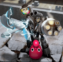 a robot with a tv on its head is standing next to a red object