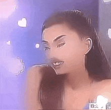 a close up of a woman 's face with a cartoon face on it .