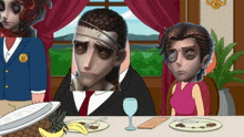 a cartoon of a man and a woman sitting at a table with plates of food