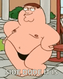peter griffin from family guy is wearing a black bikini and dancing .