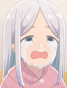 a cartoon girl with white hair is crying with tears running down her face
