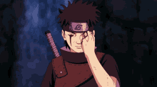 a boy with a headband with the letter g on it is holding a sword