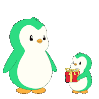 two penguins are standing next to each other one is holding a red gift box