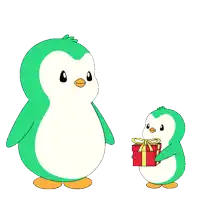 two penguins are standing next to each other one is holding a red gift box
