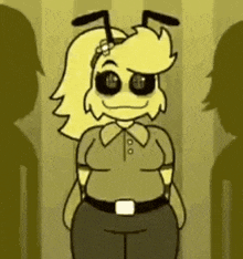 a cartoon of a woman in a yellow shirt and black pants standing in front of a yellow wall .