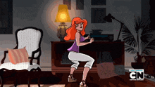 a cartoon of a woman dancing in a living room with cn on the bottom left