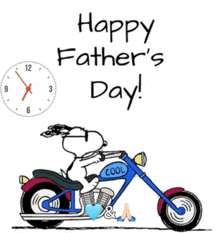 a cartoon of snoopy riding a motorcycle with the words happy father 's day on it