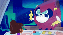 a girl stands next to a cartoon character with a skull on his face