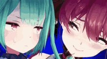 a couple of anime girls with green hair and red hair