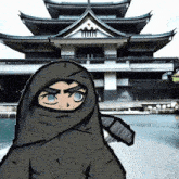 a drawing of a ninja with a sword in front of a building
