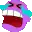 a pixel art of a purple monster with a red mouth and teeth .