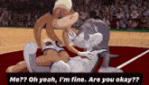 a cartoon of bugs bunny and lola bunny kissing on a basketball court