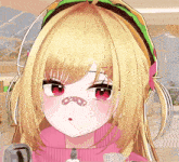 a close up of a blonde anime girl with red eyes and a nose patch