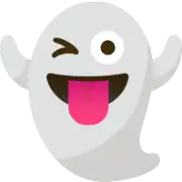 a ghost with a pink tongue sticking out winks at the camera