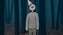 a drawing of a person with a party hat on standing in a forest