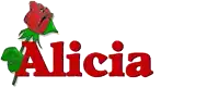 the name alicia is written in red letters with a red rose in the background