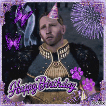 a picture of a man wearing a birthday hat with the words happy birthday on it