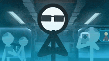 a stick figure with sunglasses stands in front of a sign that says " binary tryo "
