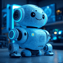 a blue robot with headphones and a smile on its face