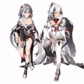 two anime characters are standing next to each other on a white background