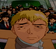 a cartoon of a man sitting in front of a classroom full of people