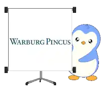 a penguin is standing next to a white board that says warburg pincus on it