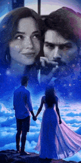 a man and a woman are holding hands while standing in the clouds