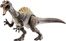 a toy dinosaur with its mouth open and a yellow tail