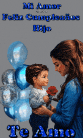 a picture of a woman holding a child with the words " mi amor feliz cumpleanos hijo " on it