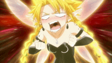 a girl with yellow hair and wings is making a funny face with her mouth open