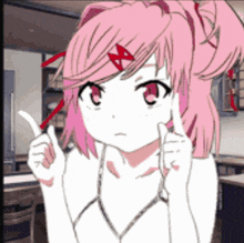 a drawing of a girl with pink hair and red eyes