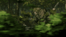 a man in a hooded jacket is running through a forest holding a knife