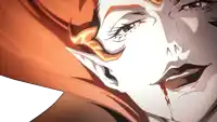 a close up of a woman 's face with blood coming from her mouth