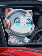 a cartoon cat wearing a helmet and headphones is sitting in a red car