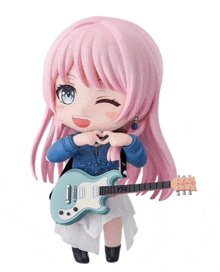 a girl with pink hair is holding a guitar and making a heart with her hands