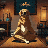 a dog is sitting in a lotus position in front of a painting of an octopus