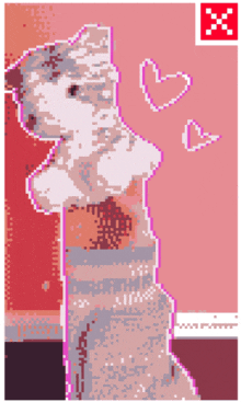 a pixel art drawing of a dog with hearts surrounding it