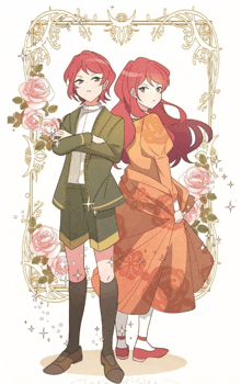 a boy and a girl standing next to each other in front of roses