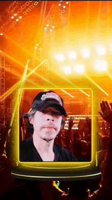 a man wearing a hat that says ' shark ' on it stands in front of a crowd