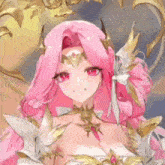 a girl with pink hair and red eyes is wearing a white and gold outfit .